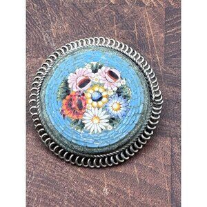 Vintage Italian Micro Mosaic Floral Brooch With Alpaca Silver Frame